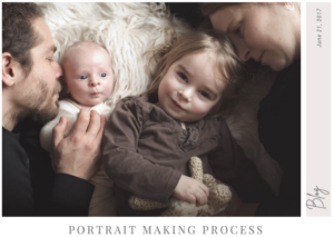 Blog page image of family with two kids cuddling on a rug. Links to a blog about the portrait making process
