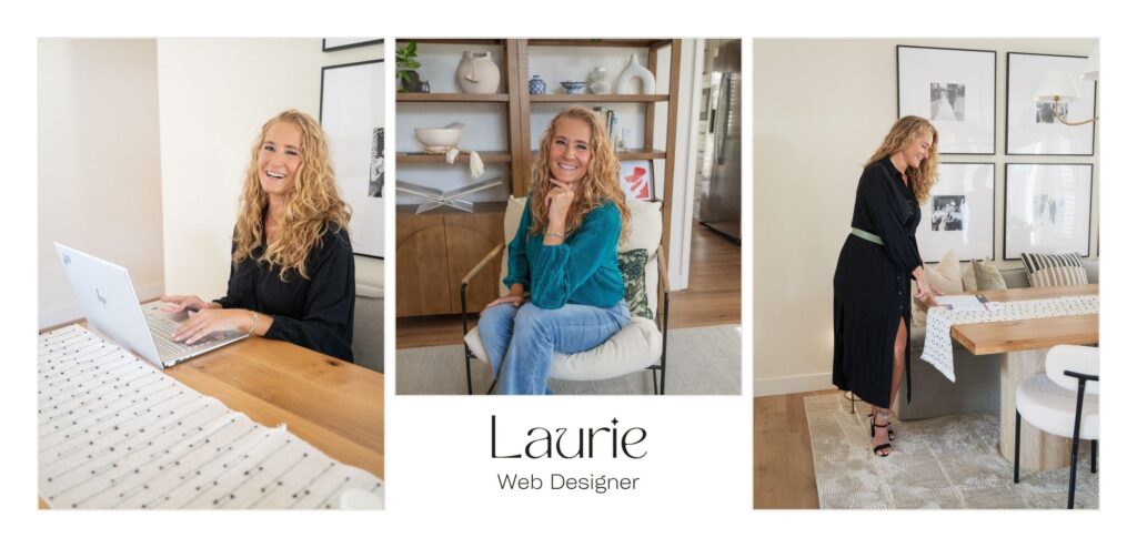 Collage of images from a confident personal branding photoshoot with a web designer. She sits at a table with her laptop, on a chair in a teal shirt and standing at a table looking over some design documents.